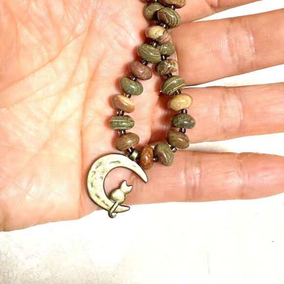 Genuine Earthy Polychrome Jasper Bronze Cat on the Moon Beaded Short Necklace - Picture 13 of 13